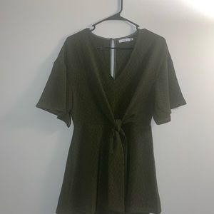 Lush Olive Green V Neck Tie In Front Short Sleeve Romper